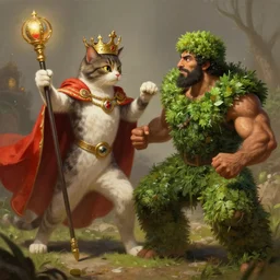 ay cat wearing a crown and cape wielding a scepter fighting a muscular tunisian man wearing shrubbery, fantasy, digital painting, volumetric light, intricate, sharp, focus, bloom, illustration, highly detailed, concept art, matte, ruan jia, randy vargas, greg rutkowski