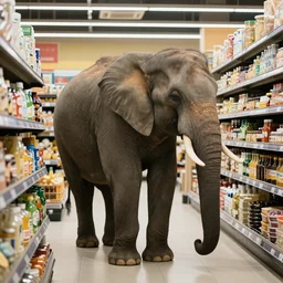 An elephant patiently waiting in line at the supermarket