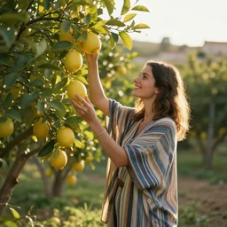 young smiling woman in a striped kaftan picking lemons from a tree in a Mediterranean garden, sunny, late afternoon, atmospheric, cinematic, hyper real, detailed