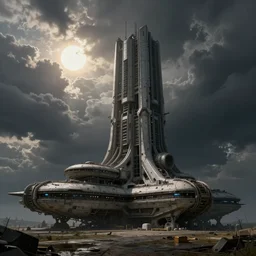 brutalist architecture, sun after a storm, ominous evening, science - fiction, perspective, cargo spaceships, crisp, intricate picture by greg rutkowski and federico pelat