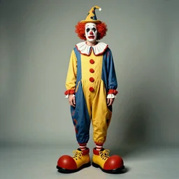 “long shot portrait photo, full body shot, portrait photo of a crying clown by Annie Leibovitz, clown is wearing a funny hat and oversized shoes, kodakchrome”