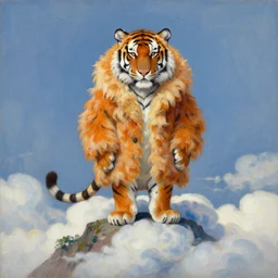 Portrait Portrait of Pootie Tang the tiger emerging from poofy tigerskin coat whilst standing atop a cloud-covered mountain peak dan witz paul klee andrew wyeth tom bagshaw stanton feng bastien lecouffe-deharme tombow oil painting