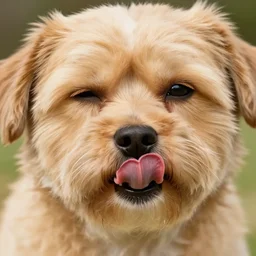 closeup portrait of a small light brown furry dog with tongue licking its nose, cross eyed, tongue on nose, natural light, sharp, detailed face, magazine, press, photo, Steve McCurry, David Lazar, Canon, Nikon, focus