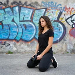 an urban photo, with graffiti in the background and a kneeling urban girl, camera sony a 7 c, lens sony 1 6 - 3 5 mm f / 2. 8, fish eye