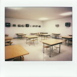 polaroid photograph of a large white empty breakroom, retrofuturist liminal space, hundreds of old faux wood tables, crt tv mounted, trypophobia architecture, familiar place, clean, black mold, warm light, amateur, soft vintage glow, unreal engine, photorealistic, trending on artstation