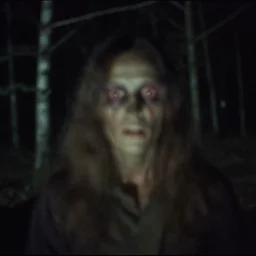 creature face looking at camera in forest at night, 70s photo, out of focus, motion blur, cctv footage, horror movie, horror lighting, blair witch project, old photo