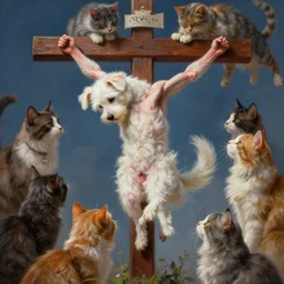 small white dog being crucified by cats, fantasy, high detail, elegant, digital painting, cinematic lighting, vibrant, intricate, textured skin, highly detailed, artstation, sharp, focus, hdr, unreal engine 5, breathtaking, illustration, anna dittmann, ilya kuvshinov, nikolay makovsky