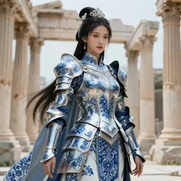 knights of zodiac girl, chinese blue and white porcelain reflected armor, armor knight cinematic shot, in ruined agora of athens, ssci - fi and fantasy, intricate and very very beautiful and elegant, highly detailed, digital painting, artstation, concept art, smooth and sharp focus, illustration, art by tian zi and wlop and alphonse mucha