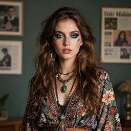 antediluvian floral patterned bohemian soft grunge tumblr jet set radio 90s fashion outfit, music festival face makeup, zine photography, fantasy photorealistic