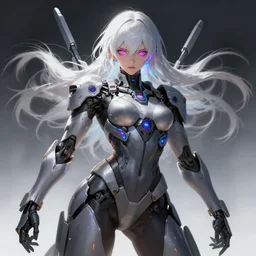 highly detailed illustration of a cyberpunk girl with neon eyes and white hair , wearing future mecha, heroically battle posing, muscular, intricate, elegant, highly detailed, centered, digital painting, artstation, concept art, sharp focus, concept art, by Katsuya Terada