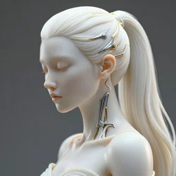 hyper detailed ultra sharp portrait of a beautiful well contoured porcelain ivory smooth fair subconscious god horse tail, up close shot, sharp focus, global illumination, radiant light, biomechanical white silver gold rhizomorphs, cyberpunk brackets, alexandre ferra white mecha, irakli nadar, alexander mcqueen, octane highly render, 4 k, ultra hd,