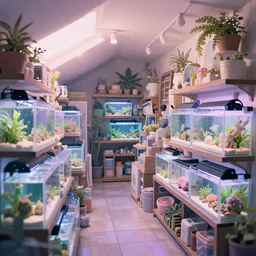 placid pastel morning cozy moody cluttered painterly fluffy tiny cramped aquarium store, lots of aquariums, slanted ceiling, tiny space, particulate, trending on pixiv