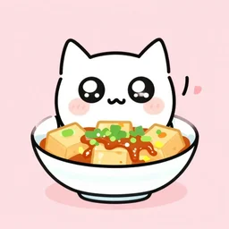 mapo tofu as cartoon, hyperpop aesthetics on the background, minimal, sweet color scheme, adventure time style
