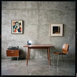 kodak portra 4 0 0, 8 k, wide flashlight shot of a highly detailed, britt marling style, colour still - life portrait of a large minimalistic room, rough concrete walls, 6 0 s turntable, a picasso painting, a square wall picture is leaning on the wall, a 1 9 6 0 s table, bauhaus, a 1 9 6 0 s chair,