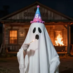 portrait photo still of a spooky ghost holding a match, wearing a birthday hat, in front of an old saloon on fire at night, 8 k, 8 5 mm f 1. 8