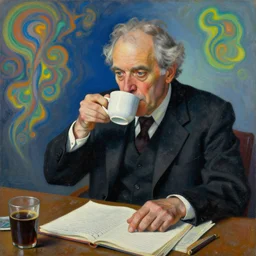 a painting of a old and dusty professor in black suit drinking ten cups of coffee to study the psychedelic effect of lsd styled and painted by philip guston and francis bacon
