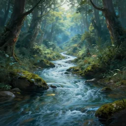 a mystical river flowing through an enchanted valley, by marc simonetti and thomas kinkade, digital art, realistic painting, very detailed, cinematic lighting, volumetric lighting, trending on artstation