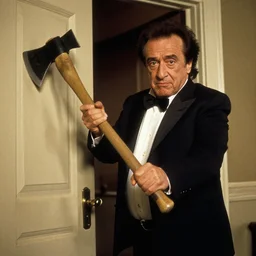 Danny Devito as Johnny, breaking down a door with an axes, film still from the movie Shining