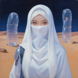 painting of a portrait of kang seul - gi, as a cyberpunk girls at night. white long hair, burka, ruan jia, weldon casey, ralph mcquarrie. cinematic. smooth gradients, transparent inflatable structures in akakus desert. trending on artstation.