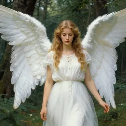 a large beautiful angel, angelic features, large wings in a forest, thomas kinkade, in the style of kinkade, detailed