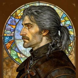 beautiful detailed side - view portrait of vesemir, an old witcher, amber eyes, dark grey hair, half ponytail, mustache, stained glass art, brown background, by alphonse mucha, masterful
