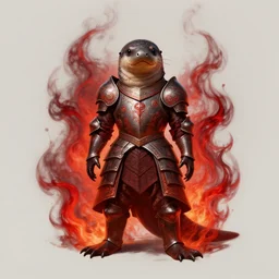 a platypus in royal knights armor, dark thick smokey red fire, intricate, elegant, highly detailed, centered, digital painting, artstation, concept art, smooth, sharp focus, illustration, artgerm, tomasz alen kopera, peter mohrbacher, donato giancola, joseph christian leyendecker, wlop, boris vallejo