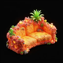 black background with an isometric red orange yellow neon sofa with a crazy unusual organic design based on alien bioluminescent nature aesthetic, it has plants growing onto it and is made out of rocks and glowy crystals in a maximalist hyper - detailed realistic design, an asset for a mobile game. low poly full black background pinterest masterpiece