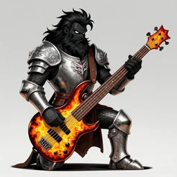 single bugbear playing flaming ibanez bass guitar, black beard, cartoon, dungeons and dragons, ornate jeweled steel armour, strong outline, character design on white background, painted by, gaston bussiere, craig mullins, j. c. leyendecker 8 k