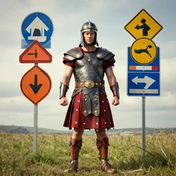 gladiator wearing a kilt made of road signs