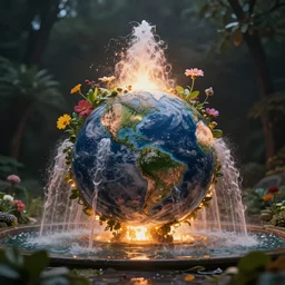 earth fountain organic overgrowth, flowers, halo of light, photorealism, fire and water, liquid smoke, artstation, sylvain sarrailh