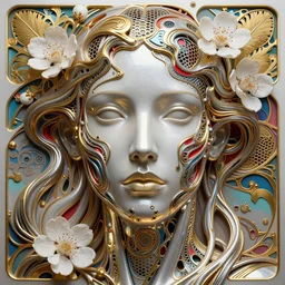 a melancholic realistic 8k Sculpture of a complex robotic human face, liquid simulation, bright psychedelic color, dramatic lighting, silver gold red details, hexagonal mesh wire, filigree intricate details, cinematic, fleshy musculature, white blossoms, elegant, octane render, art nouveau, 8k post-processing, intricate art by John Collier and Albert Aublet and Krenz Cushart and Artem Demura and Alphonse Mucha
