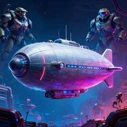 a bulbous space-station inspired by a zeppelin nuclear reactor submarine and maschinen krieger with neon lights, ilm, beeple, star citizen halo, mass effect, starship troopers, elysium, cool saturated colours