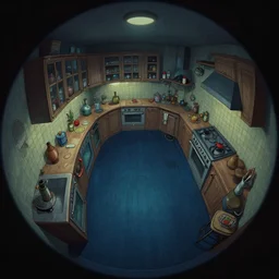 fisheye spiral lines, naive, extra narrow, detailed illustration of a claustrophobic kitchen, large floor, dimly lit by rhads from lorax movie, trending artstation, dark blue floor