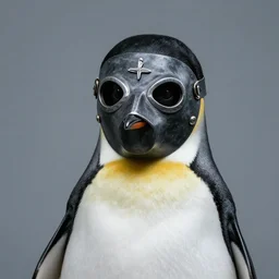 portrait of a penguin wearign a midevil plague doctor mask