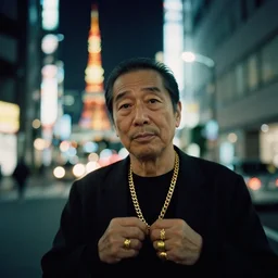 landscape, old man in tokyo at night, wearing gold chain, gold rings, cinestill 8 0 0,