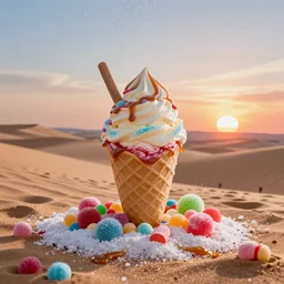 desert made from icecream and candies and sugar sand and caramel sunset, sugar magic colorful rain, handsome, intricate, detailed, volumetric lighting, scenery, digital painting, highly detailed, artstation, sharp focus, illustration, concept art, 8 k, no blur, hyper realistic, magic world