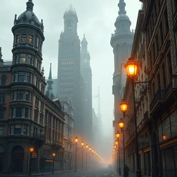 a victorian - era street with tall and intricate buildings, beautiful digital art, filthy, volumetric lighting, thick smog, orange street lamps, gray sky, highly detailed, professional