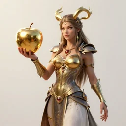 character design turnaround!!! sheet front eris goddess of chaos holding an reflective gold!!! metal apple, octane render 3 d, unreal engine