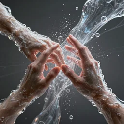 hands making contact in the metaverse, organic liquid textures, organic growth, particles, flowing, abundent in details, transparent, surreal dramatic lighting