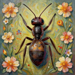a symmetric portrait of an ant surrounded by flowers, by well renowned world artist