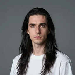 a very ugly white guy with long black hair, sigma 8 5 mm, high quality, portrait photography
