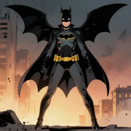 in the style of Joshua Middleton comicbook cover art, Karen Gillan Batgirl, fun pose Symmetrical body, smile
