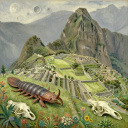 huge woodlouse, axolotl, bones of dead animals, solovetsky labyrinths, a landscape on the moon with many craters, tea terraces, a beautiful flowering garden, a lot of exotic vegetations, trees, machu picchu, intricate detaild, pale colors, 8 k, in the style of martin johnson heade and roger dean