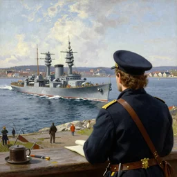 detailed cinematic wide shot of swedish sea captain back view seeing his world war 2 battle ship attacking coastal city, ultra realistic, spring light, painting by gaston bussiere, craig mullins, j. c. leyendecker
