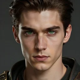 closeup fantasy portrait of a clean shaven determined young man with swept back dark brown hair and green eyes, preparing for battle, highly detailed, intricate, elegant, hyperrealism, digital art by wlop and artgerm and greg rutkwowski, 8 k hd