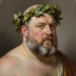 a beautiful oil painting portrait of Obese Ethan Van Sciver as Caesar, with a bald head and greay trimmed beard, crown of leaves, featured on artstation, cgsociety, beautifully detailed