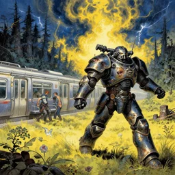 runs away from men on the subway and forest and field, composition gothic and futuristic, warhammer, cyber armor, a lot of scars, yellow and blue, fire storm on clouds, thunderstorm, the middle ages, highly detailed, moebius, jugendstil and classic japanese print, art by ismail inceoglu
