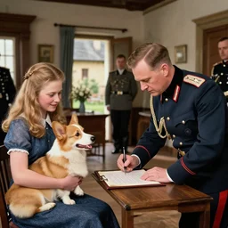 ultra wide 1 9 4 6 historical photo of a single german general signing a peace treaty, a young queen elizabeth holds a corgi and watches the general sign the treaty, french village interior, highly detailed, sharp focus
