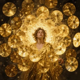 swarm of golden iridescent discs surrounding a man