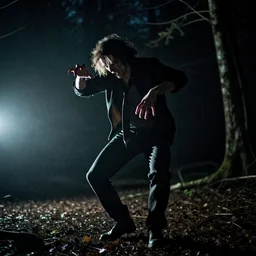 a smudged, scratched, grainy and blurry photograph showing the full body of a creepy deranged man dynamically and frenetically moving his hands and feet in the dark. his dance is wild and unpredictable. in the creepy woods, night time, flash lights, rim lights, mysterious